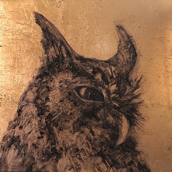 Ruby is an Eastern Screech Owl who is an ambassador for Carolina Wildlife Center - Painting by Michel McNinch 