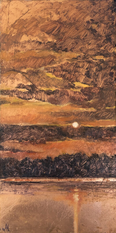 "Copper Sunset," oil on copper leaf, 6x12 in, Original Painting by Michel McNinch