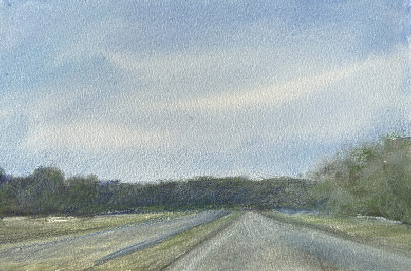 Watercolor painting off driving on the highway; Paintings from the Road