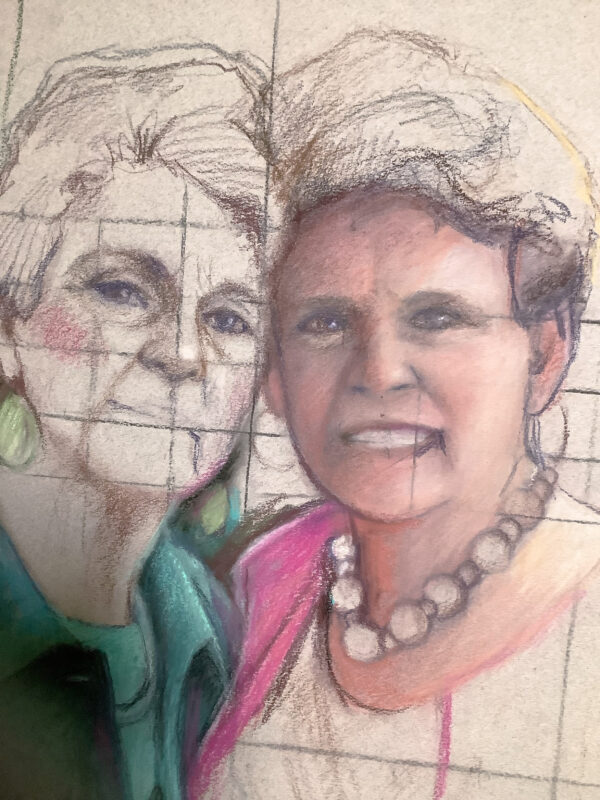 Pastel Portrait in Progress (3xfast) of Mama and Bud.  Drawing in - bring the color!