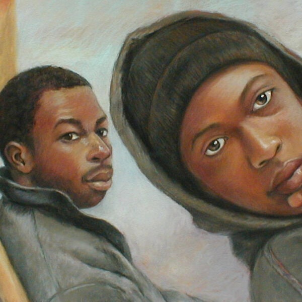 "Say What?," pastel, 16x20, These two students were kind enough to listen to me every now and then. Mike is a music mogul now; wish I knew where Ronnie got to.