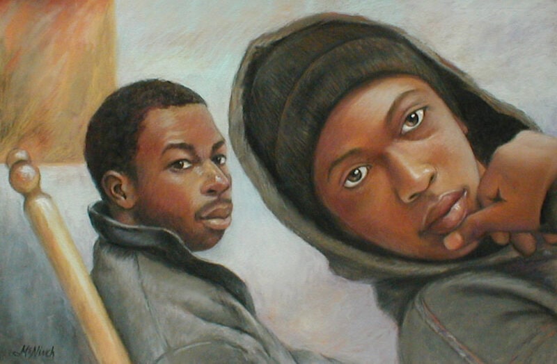 "Say What?," pastel, 16x20, These two students were kind enough to listen to me every now and then.  Mike is a music mogul now; wish I knew where Ronnie got to.