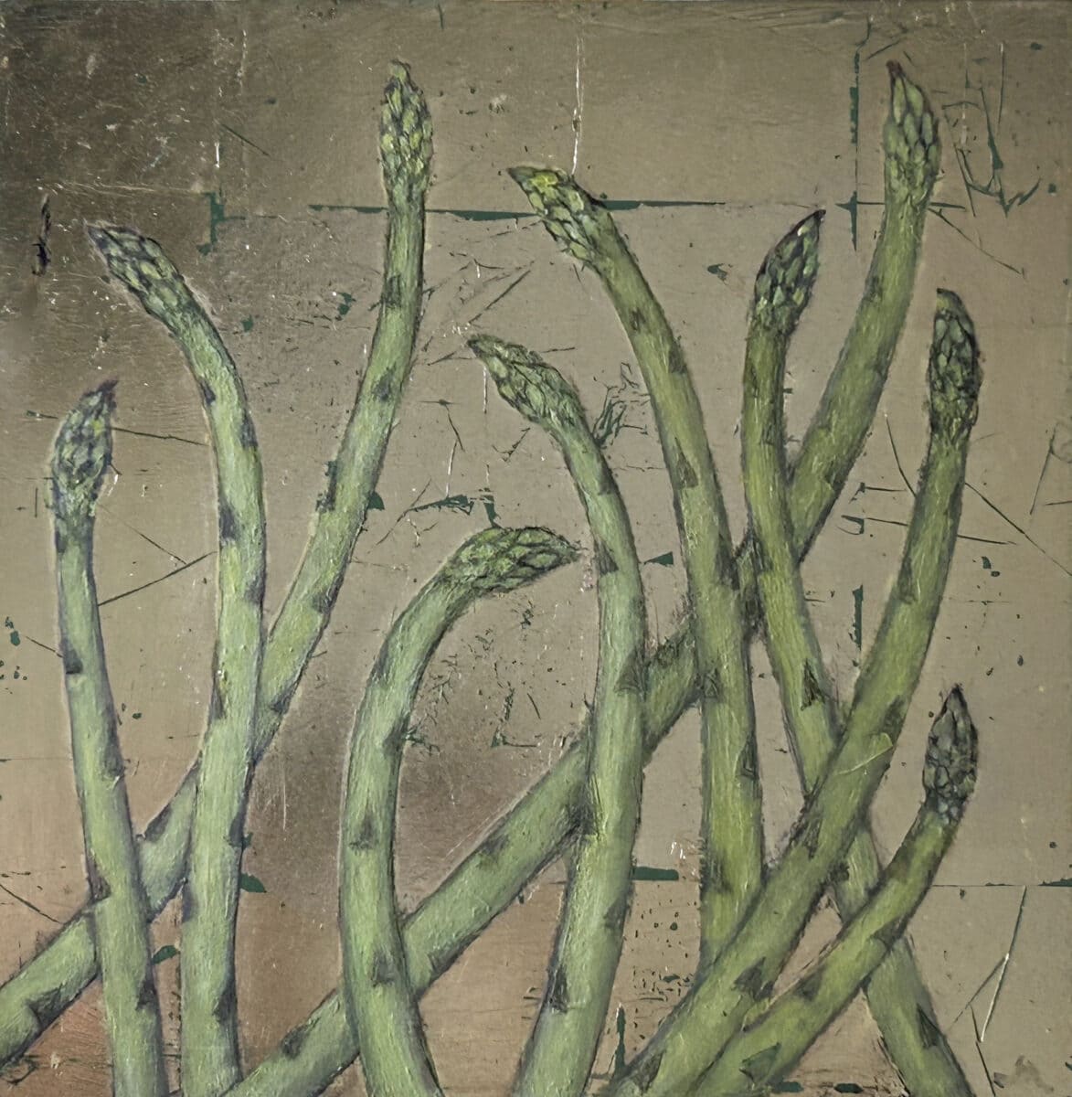 Gold Leaf with green undertones support the delicate asparagus as the spring up out of the ground.