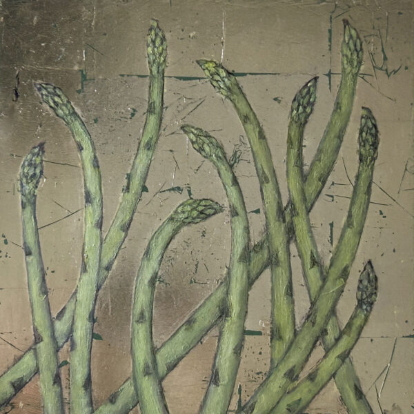Gold Leaf with green undertones support the delicate asparagus as the spring up out of the ground.