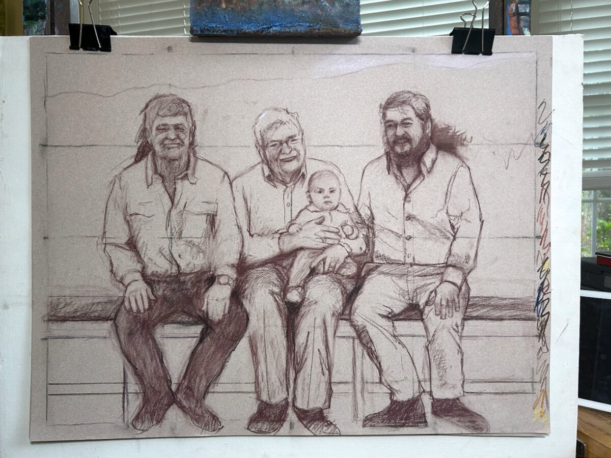 The beginning drawing for a pastel painting of the Neals.