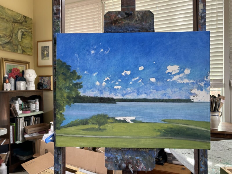 Lake Wateree Surprise has been blocked in on a handmade, oil-primed canvas.  The Blues and Greens are just singing in this Springtime view off Lake Wateree.