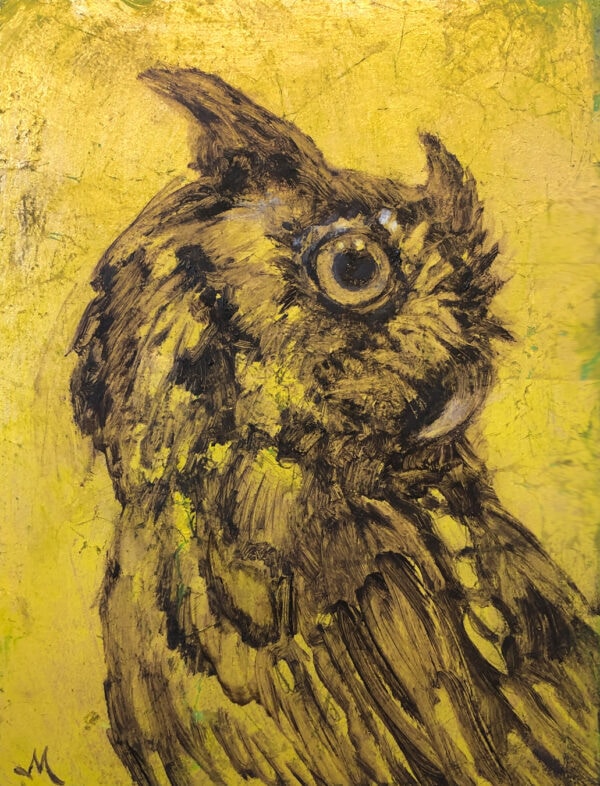 Eastern Screech Owl, aka Ruby, oil on gold leaf with green, 4x6, original painting by Michel McNinch