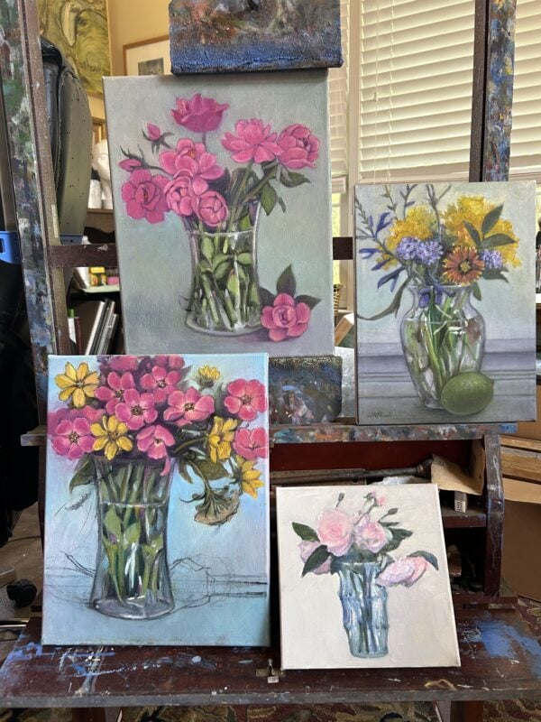 Four paintings on the easel and all of them wet!  It is so hard waiting for paint to dry.  
