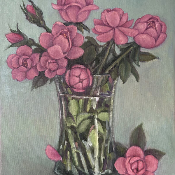 "Homegrown Roses," 11x14, oil, $450, original painting of pink roses grown by the painter's husband. Michel McNInch, artist.