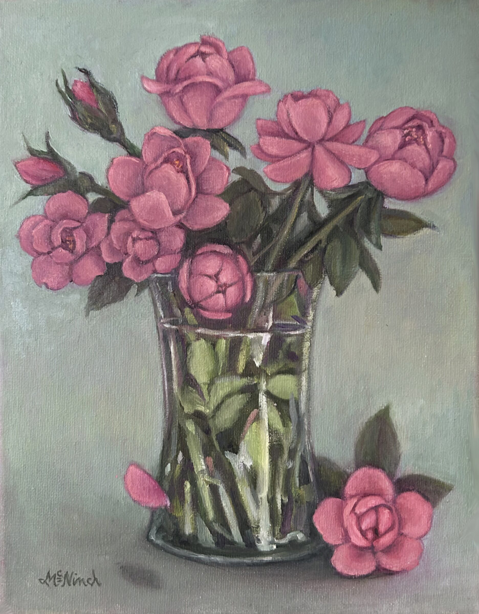 "Homegrown Roses," 11x14, oil, $450, original painting of pink roses grown by the painter's husband. Michel McNInch, artist.