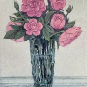"Pink Roses in a Turquoise Glass Vase," oil, 11x14