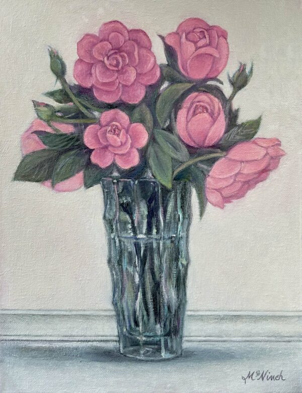"Pink Roses in a Turquoise Glass Vase," oil, 11x14