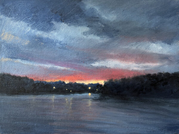 At Santee State Park, there are cabins on the piers. This is the view just as the sun sinks into the water. The smell of the brackish water comes to mind and the squawks of the shorebirds settling in for the night. I wanted to paint the “end of day” drama.