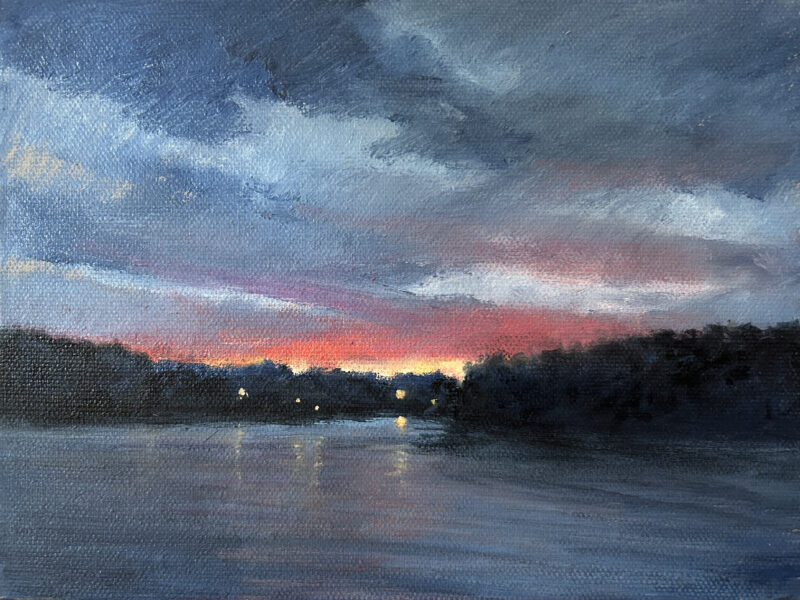 At Santee State Park, there are cabins on the piers. This is the view just as the sun sinks into the water. The smell of the brackish water comes to mind and the squawks of the shorebirds settling in for the night. I wanted to paint the “end of day” drama. Paintings from SC Parks by Michel McNinch
