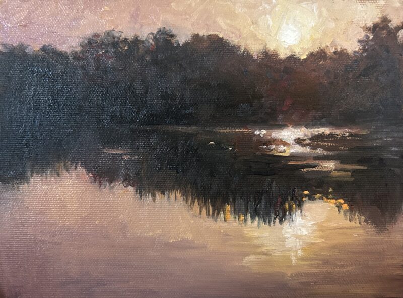 Causeway Morning Memories, oil, 6x8 - $295 In the golden hour before everything stirs, there is color and light and quiet. Three of my favorite things. Huntington Beach SP has a beautiful causeway with a walk on each side. Watch for the alligators crossing. I’m not kidding!  Paintings from SC Parks by Michel McNinch
