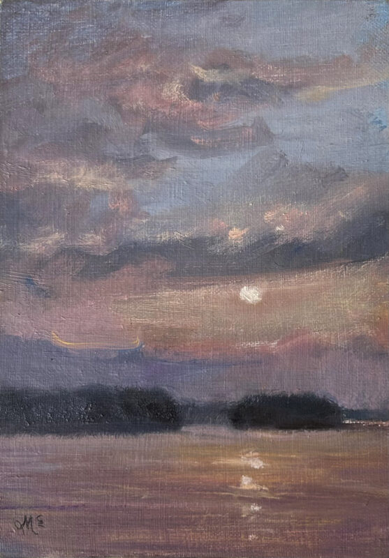 “Camping Island,” oil, 5X7 - Billy Dreher Island State Park. There is a surprise in this painting. The Park is actually the land mass in the very back. This was our view from our dock for 20 years. We camped on the island on the right, because the island on the left always had spiders. The things a painting can help you remember.