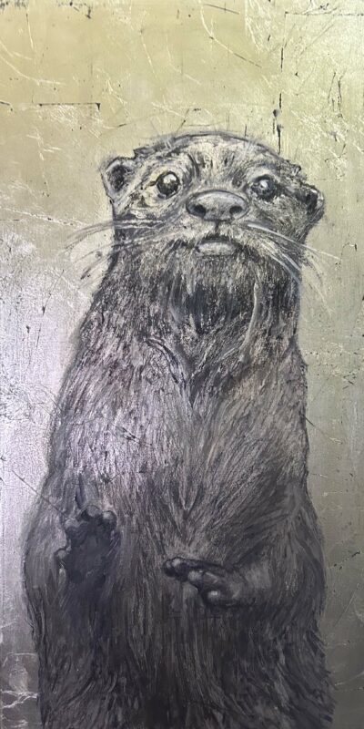 River Otter - Stormwater Wildlife Series - 24x12 - oil on silver leaf
