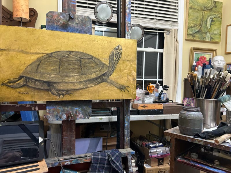 Yellow bellied slider on gold metal leaf - Michel McNinch